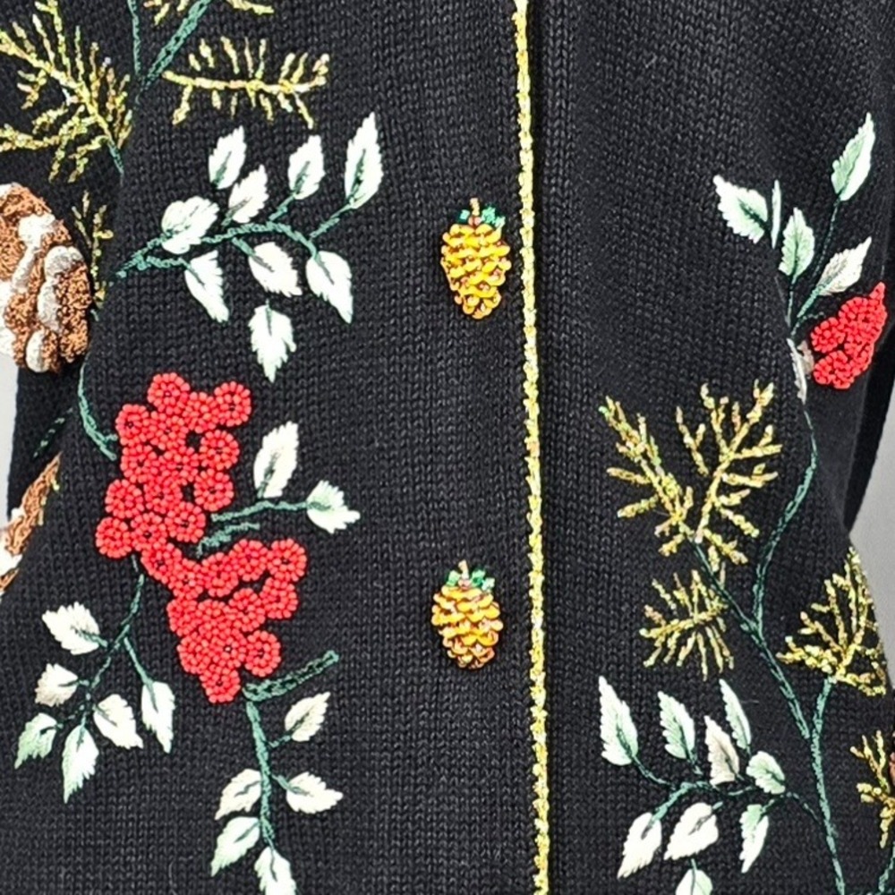 Storybook Knits Black Beaded Floral Cardigan Sweater Coat Faux Fur Trim Medium - Picture 9 of 16